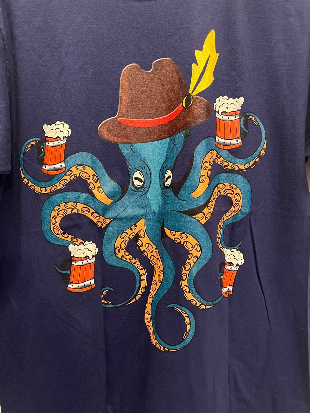 Port and Company Navy Graphic Tee with Teal Octopus and Oktoberfest